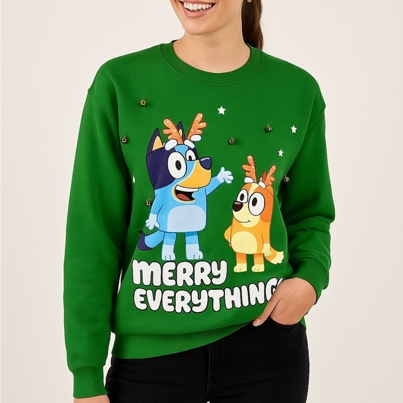 Bluey Sweaters - New Bluey festive sweatshirt cozy fleece jingle bell graphic adult medium green
